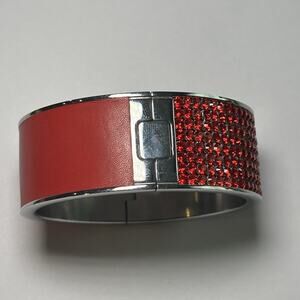 Swarovski Intervalle Crystal Bangle Bracelet Red Silver Tone Leather